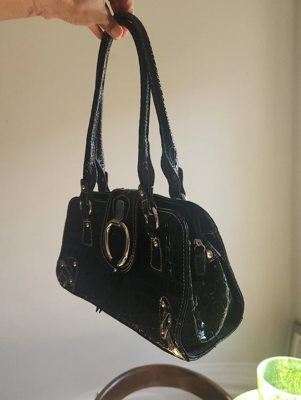 Vintage Black Croc Embossed Vinyl Satchel Handbag Silver Hardware Top Handle Pur